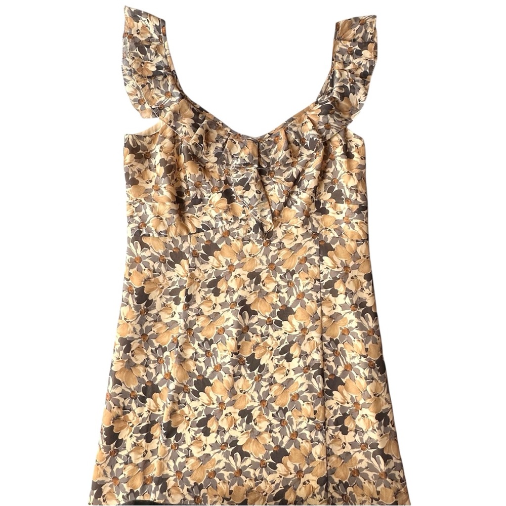 LOFT Womens Dress Tan Floral Sleeveless Ruffle V-neck Neckline Knee Length Sz 6 - Picture 5 of 15